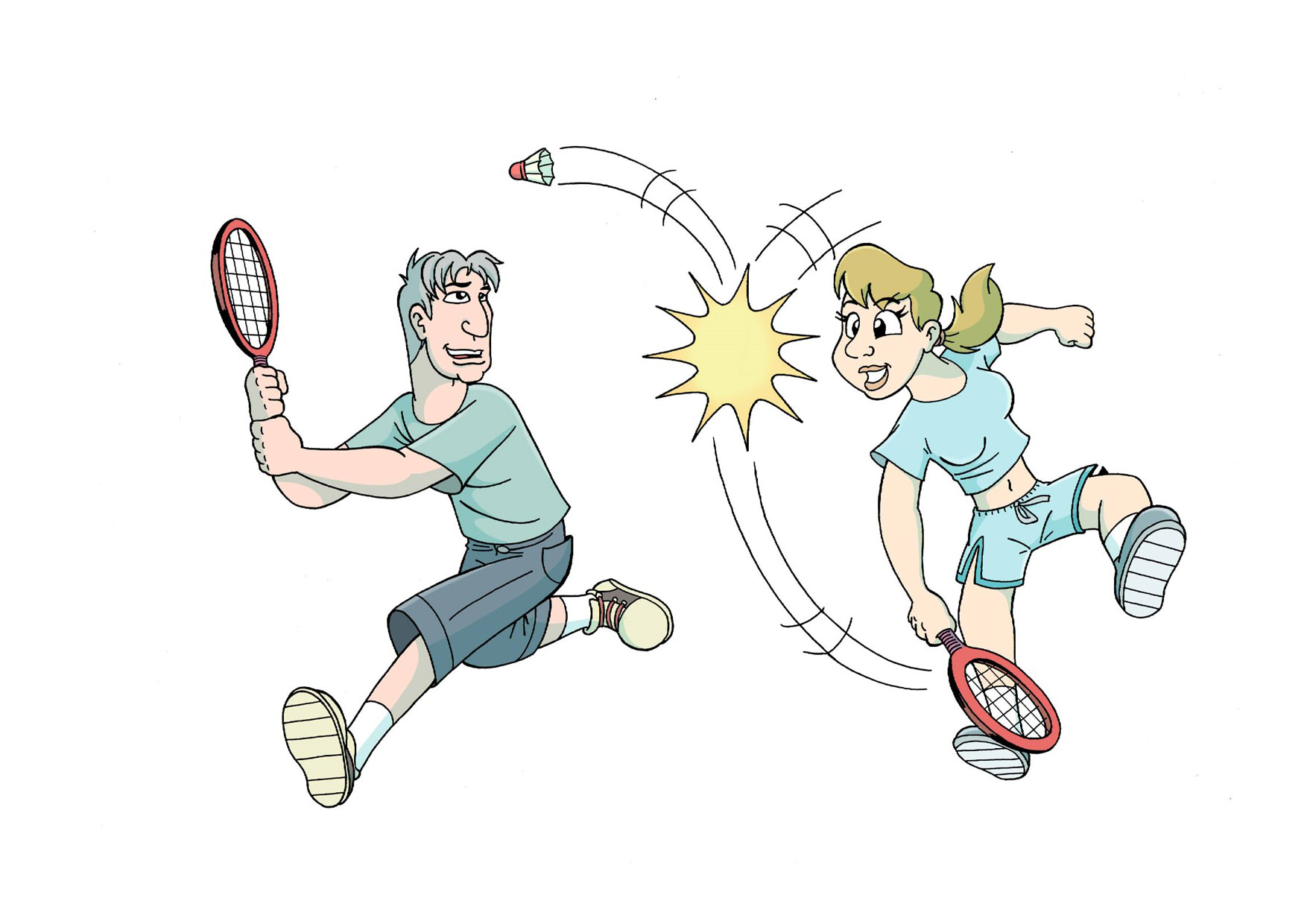 Två tecknade personer spelar badminton.