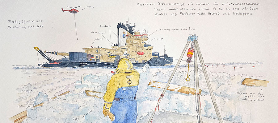 Fartyget Oden till havs med en helikopter flygande ovanför sig. I förgrunden står en person bredvid en vak och tittar på, akvarellmålning.