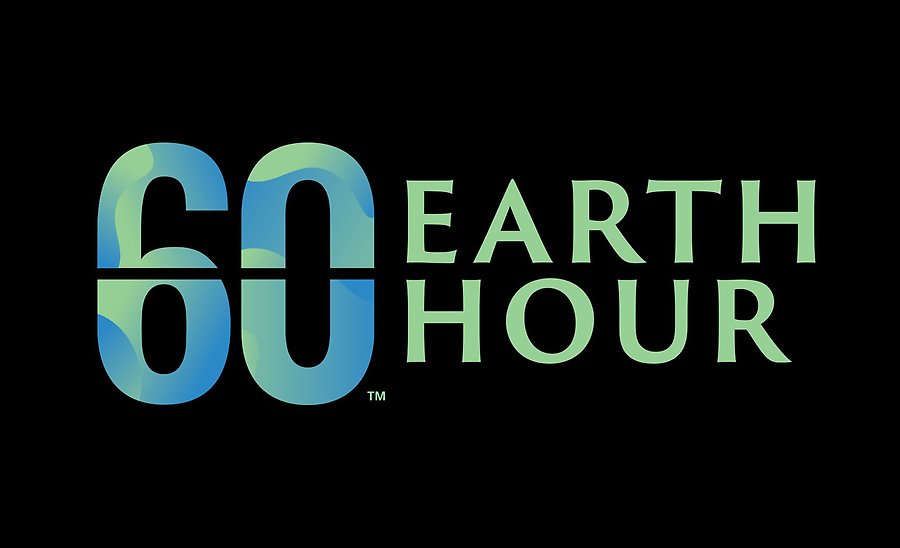 Textlogotyp i grönt och blått med texten 60 Earth Hour på svart bakgrund 